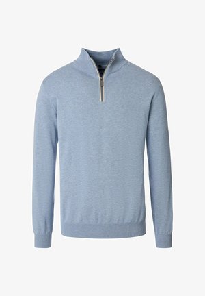 Hellblaues langärmeliges Sweatshirt mit einem gerippten Stehkragen und einem halben Reißverschluss vorne, mit gerippten Bündchen und Saum.