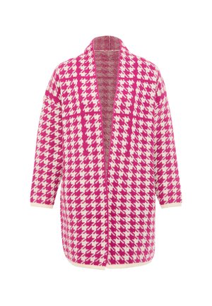 Różowo-biały kardigan w wzór Houndstooth, z krótkimi rękawami, otwartym przodem i luźnym krojem. Dzianinowy materiał o miękkiej strukturze.