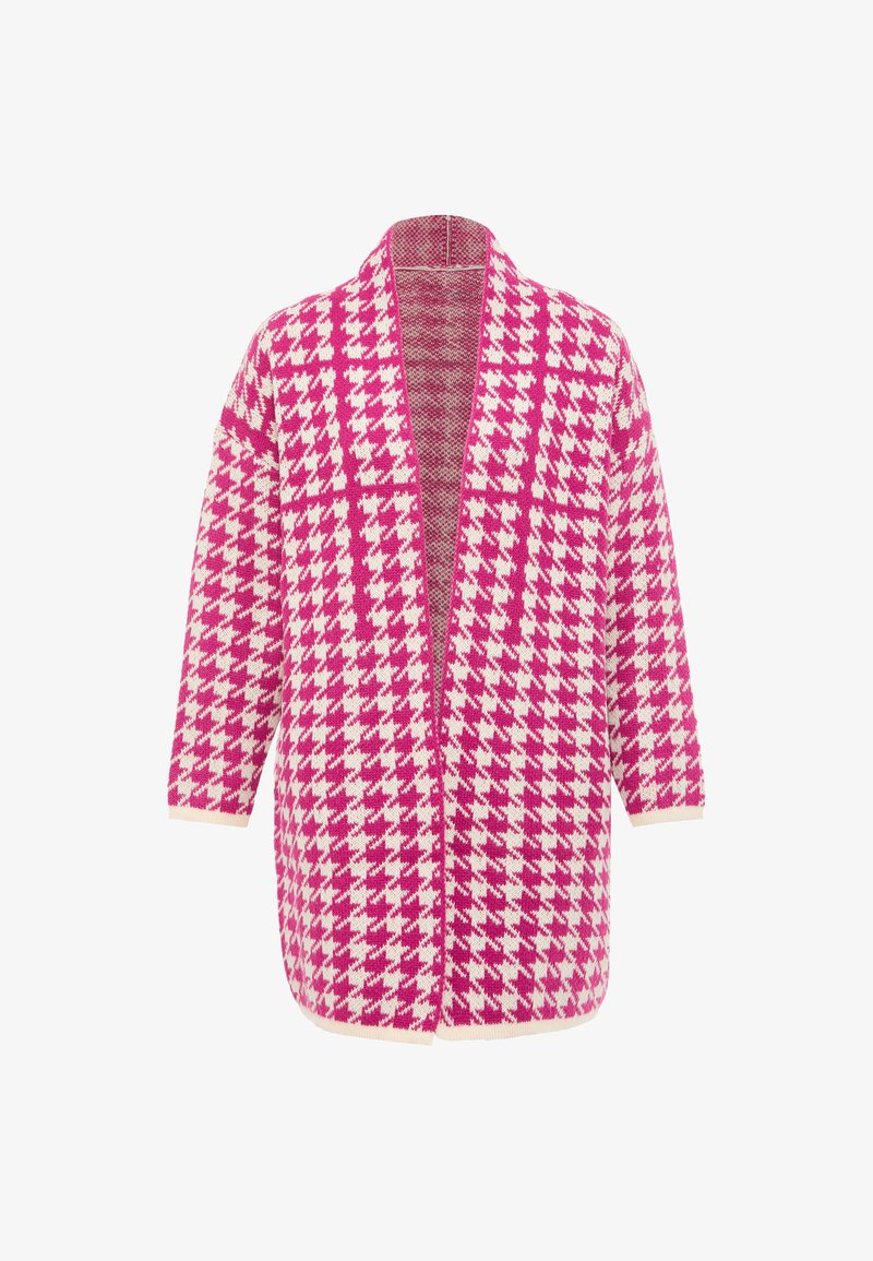Rosa och vit rutigt mönstrad kavaj med korta ärmar, öppen front och en avslappnad passform. Stickad tyg med en mjuk textur.