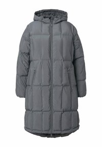 Graue Pufferjacke mit Kapuze, ausgestattet mit gestepptem Material, vorderem Reißverschluss und zwei seitlichen Reißverschlusstaschen. Wasserabweisendes Material.