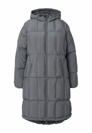 Šedý péřový kabát s kapucí, s prošívanou texturou, předním zipem a dvěma bočními kapsami na zip. Voděodolný materiál.