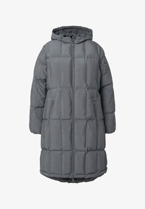 Szary kurtka puchowa z kapturem, z pikowaną fakturą, z przodu zapinana na zamek błyskawiczny oraz dwiema kieszeniami bocznymi na zamek. Materiał wodoodporny.