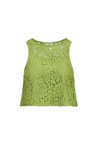 Top corto de encaje en verde brillante, con patrones florales, un escote redondo y un corte holgado sin mangas.