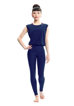 Navy blue athletic top with short sleeves, paired with matching high-waisted leggings, both made from a smooth, stretchy fabric.