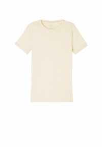 T-shirt a maniche corte color crema realizzato in tessuto morbido. Presenta un collo a giro e un design semplice, senza decorazioni, con una vestibilità dritta.