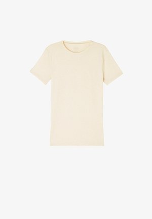 Cream-colored short-sleeve t-shirt made of soft fabric. Features a crew neckline and a simple, unadorned design with a straight cut.
