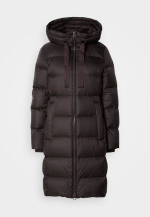 Dark brown padded coat with a hood, featuring a front zipper, two side pockets, and adjustable drawstrings on the hood. Smooth fabric texture.