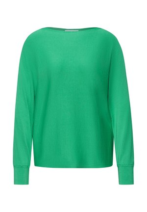 Pull vert à manches longues avec un large col bateau et des poignets ajustés.