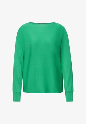 Maglione verde a maniche lunghe con ampia scollatura a barca e polsini aderenti.