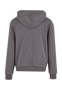 Grå hættetrøje med en glat tekstur, ribbede manchetter og kant. Simpelt design, ingen synlige logoer eller mønstre. Bagfra vist.
