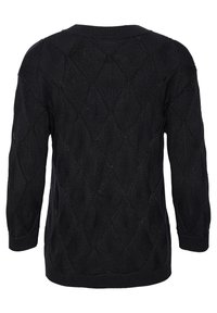 Schwarzer Strickpullover mit Rautenmuster, Rundhalsausschnitt und langen Ärmeln mit Rippbündchen und Saum.