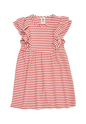 Czerwona i biała sukienka w paski dla małego dziecka z falbankowymi krótkimi rękawami i marszczonym pasem, wykonana z miękkiej dzianiny prążkowanej.
