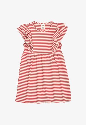 Czerwona i biała sukienka w paski dla małego dziecka z falbankowymi krótkimi rękawami i marszczonym pasem, wykonana z miękkiej dzianiny prążkowanej.
