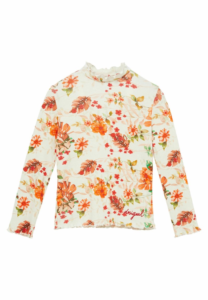 Haut blanc à manches longues avec imprimé floral orange et vert, encolure et poignets à volants, et logo "desigual" rouge près de l'ourlet.