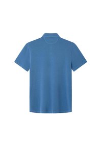 Himmelblaues Poloshirt mit kurzen Ärmeln, klassischem Kragen und glatter Textur. Rückansicht zeigt ein einfaches, sauberes Design ohne Muster.
