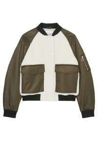 Bomberjacke mit olivgrünen Satinhändern, cremeweißem Wollvorderteil, zwei großen Fronttaschen und einer Reißverschlusstasche am Ärmel. Gerippte Bündchen und Kragen.