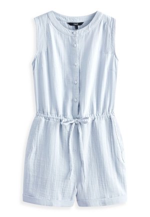Rompers sans manches bleu clair avec un col rond, des boutons à l'avant, une taille élastique, un cordon de serrage et des poches latérales. Tissu doux avec une finition texturée.