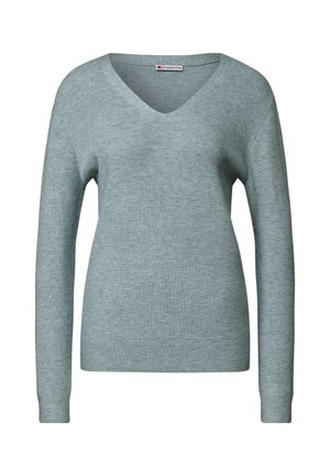 Suéter azul claro de cuello en V hecho de material de punto acanalado, con mangas largas y una silueta ajustada, que presenta una textura sutil.