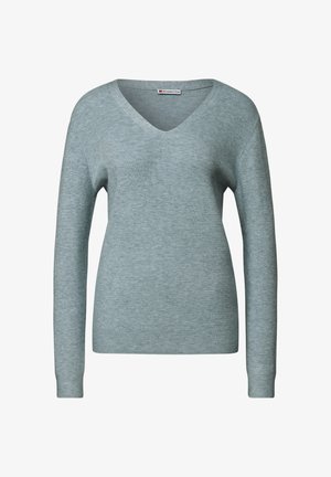 Vaaleansininen v-pääntie neulepaita, joka on valmistettu ribatusta neuleesta. Mallissa on pitkät hihat ja tiukka siluetti, jossa on hieno tekstuuri.