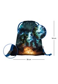 Batoh na šňůrku s grafikou dvou obrněných postav v modré a zelené barvě, se zasazením v pozadí kosmické exploze. Rozměry: 46 cm na 36 cm.