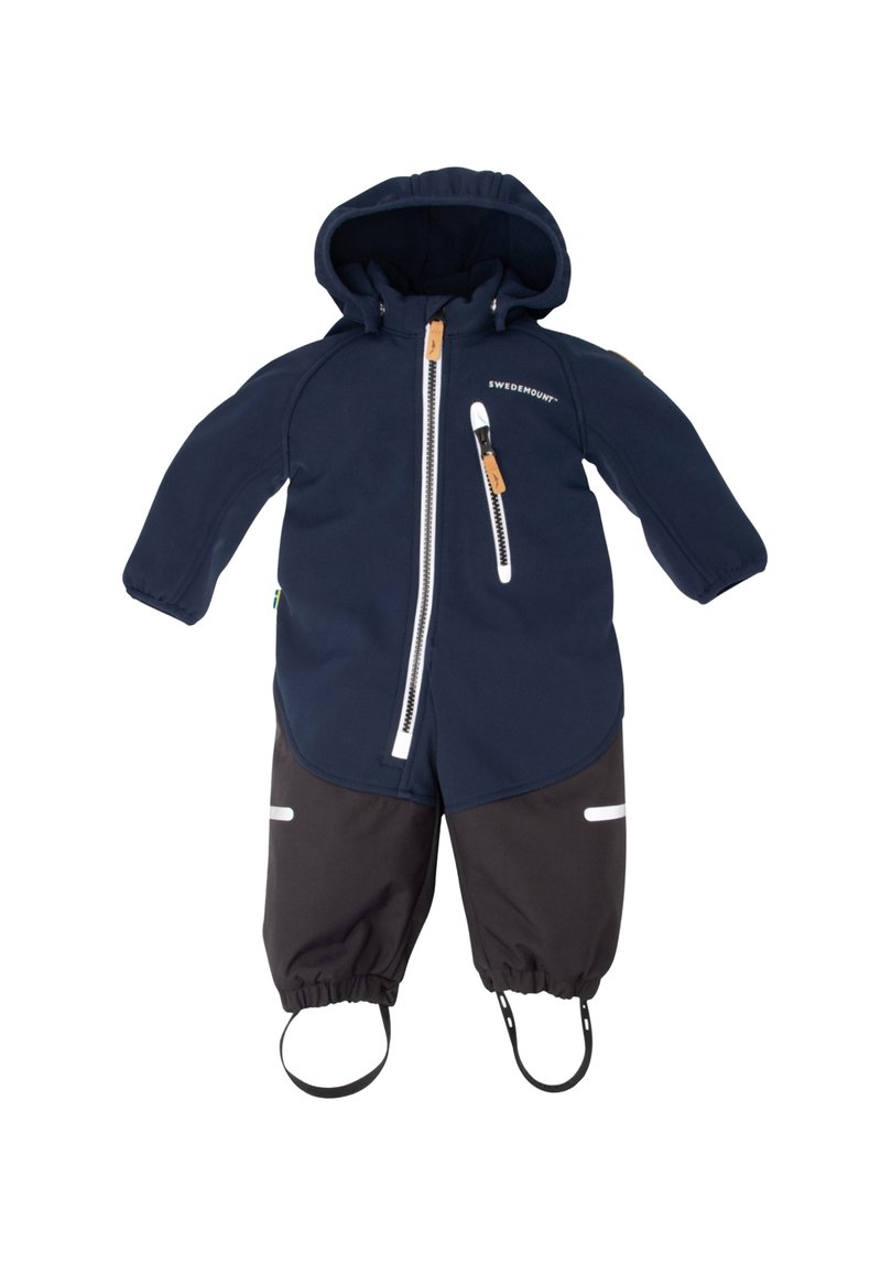 Navy blue waterproof one-piece suit with a hood, white zippers, and black pants. Features elastic cuffs and reflective accents.