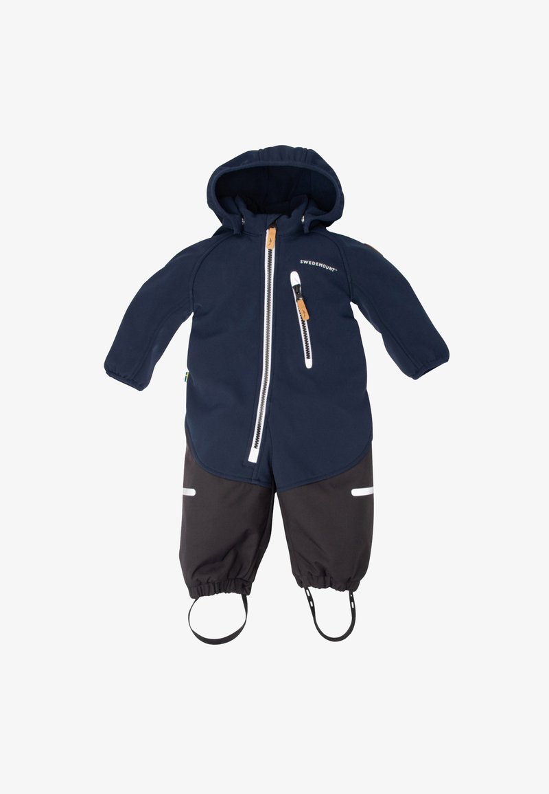 Navy blue waterproof one-piece suit with a hood, white zippers, and black pants. Features elastic cuffs and reflective accents.