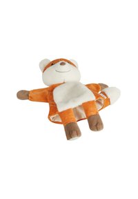 Plush fox hand puppet with orange corduroy body, white soft belly, smiling face, and brown paw details, lying flat on a white background.