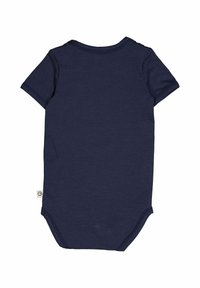 Granatowy body z krótkim rękawem wykonane z miękkiej bawełny, z okrągłym dekoltem i zapięciem na zatrzask w dolnej części dla łatwego ubierania.
