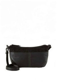 Mustast nahast ja kangast risti riputatav kott ümarate kujundiga, sileda tekstuuriga, lukuga sulgemine ja reguleeritav rihm. Rohelised õmblused.