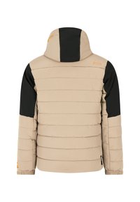 Beige pufferjack met zwarte accenten op de schouders, elastische manchetten en een capuchon. Horizontale stiksels creëren een gecapitonneerde textuur.