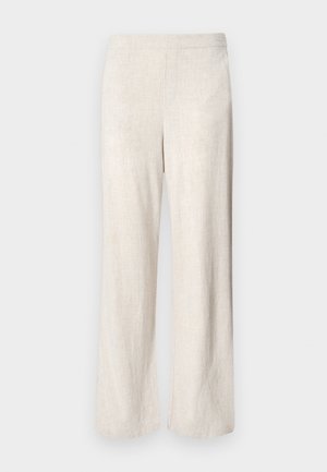 Bredbenede bukser i lys beige linned, med en glat tekstur og et enkelt taljehold. Ingen lommer eller synlige hardwaredetaljer.