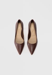 Escarpins en cuir marron à bout pointu avec une finition lisse et une semelle intérieure beige, présentant un design minimaliste sans quincaillerie ni motifs visibles.