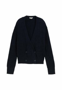 Dark blue knitted cardigan featuring a deep V-neck, long sleeves, and double-breasted button closure with ribbed hem and textured pattern.