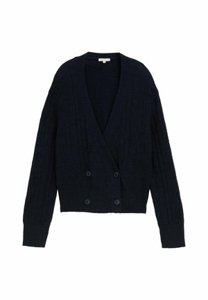 Dark blue knitted cardigan featuring a deep V-neck, long sleeves, and double-breasted button closure with ribbed hem and textured pattern.