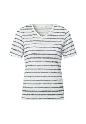 Gestreepte V-hals T-shirt in wit met marineblauwe horizontale strepen. Korte mouwen, een losse pasvorm en een zachte stoftextuur.