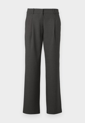 Dunkelgraue formelle Hosen mit geraden Beinen, Gürtelschlaufen und Bundfalten, vor einem weißen Hintergrund präsentiert.