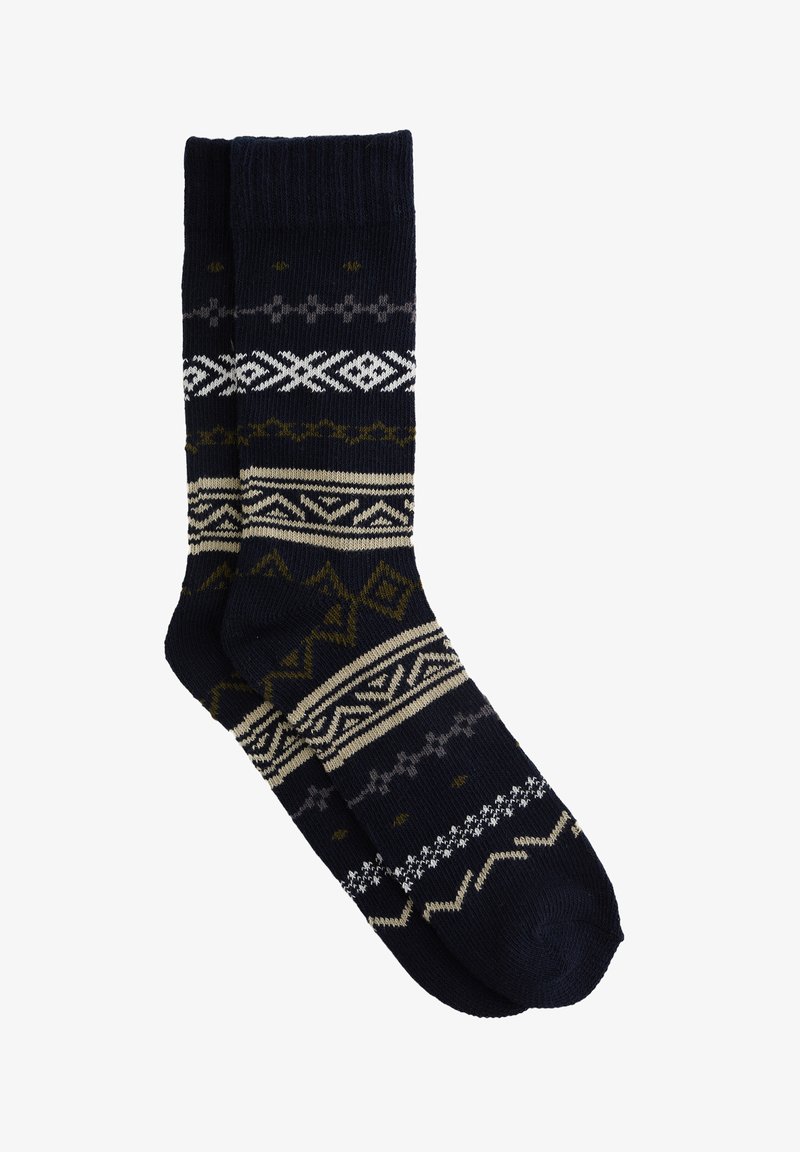 Sive čarape u mornarsko plavoj boji od pletiva, s geometrijskim uzorcima u bež, bijeloj i sivoj boji po cijelom dizajnu, s rebrastim rubom.