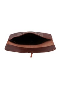 Brown leather wallet with a smooth exterior, featuring an open design, stitched edges, and a soft interior lining. No visible hardware.