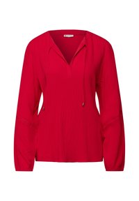 Pullover rosso a maniche lunghe con scollatura a V, dettaglio con coulisse, tessuto testurizzato e aperture sui maniche.