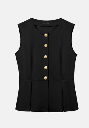 Mustast materjalist varrukateta pluus ümarate kaelustega, esiküljel kuldsed nupud ja veidi lehvikukujuline vöökohaga detail, marki Anna Field.