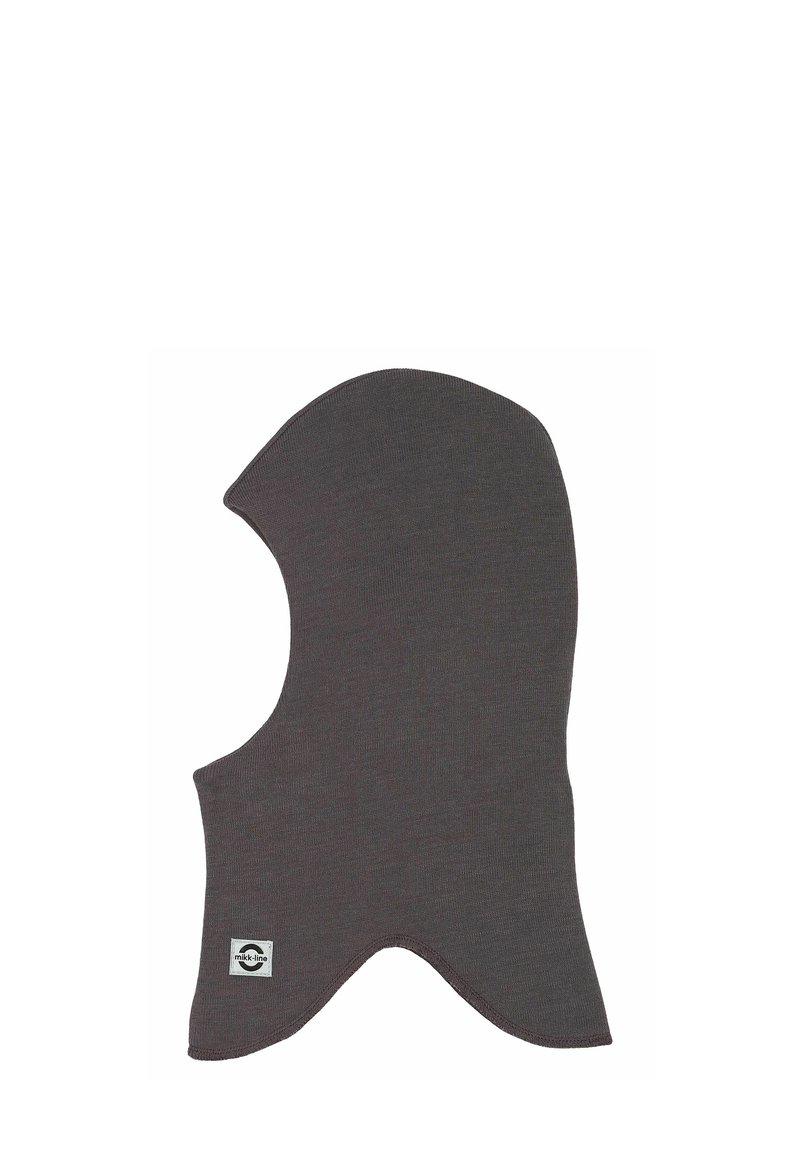 Grå strikket balaclava med en kontureret design, der har en udskæring til ansigtet og et logo tag nær bunden.