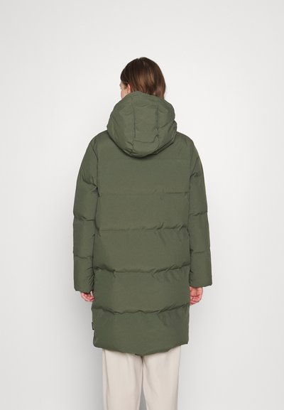 Olive green puffer coat featuring a hood, long sleeves, and horizontal quilting. The design offers a relaxed fit with a mid-length cut.