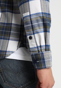 Brazo derecho con una camisa de cuadros en azul, blanco y oliva, con el puño abotonado sobre unos vaqueros azules con un bolsillo trasero cosido, contra un fondo claro y liso.