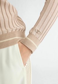 Pull en maille côtelée beige avec un design texturé, doté d'une rayure crème et d'un accent décoratif en métal doré sur le poignet.