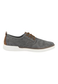 Gray fabric sneaker with brown leather accents, white rubber sole, rounded toe, and six brown eyelets for laces. Textured surface detail.