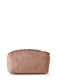 Rosa strukturierte Kosmetiktasche in abgerundeter Form mit einem goldenen Reißverschluss und subtilen Sprenkeln auf der Oberfläche.