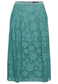 Una falda midi de encaje en color verde azulado con un patrón de hojas, pliegues y una cinturilla con cierre de cremallera en la parte posterior. Tela suave y texturizada.