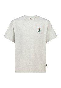 Gray cotton t-shirt with short sleeves, featuring a small blue and orange embroidered design on the chest. Classic crew neckline, relaxed fit.