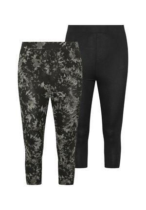 Dos pares de leggings: uno negro y otro negro con un patrón abstracto gris. Ambos tienen un diseño ajustado y un largo hasta la mitad de la pantorrilla.