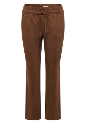 Pantalons de jogging marron, ressemblant à du daim, avec une taille élastique, un cordon de serrage et des poches latérales ; présente des détails couturés le long des jambes.